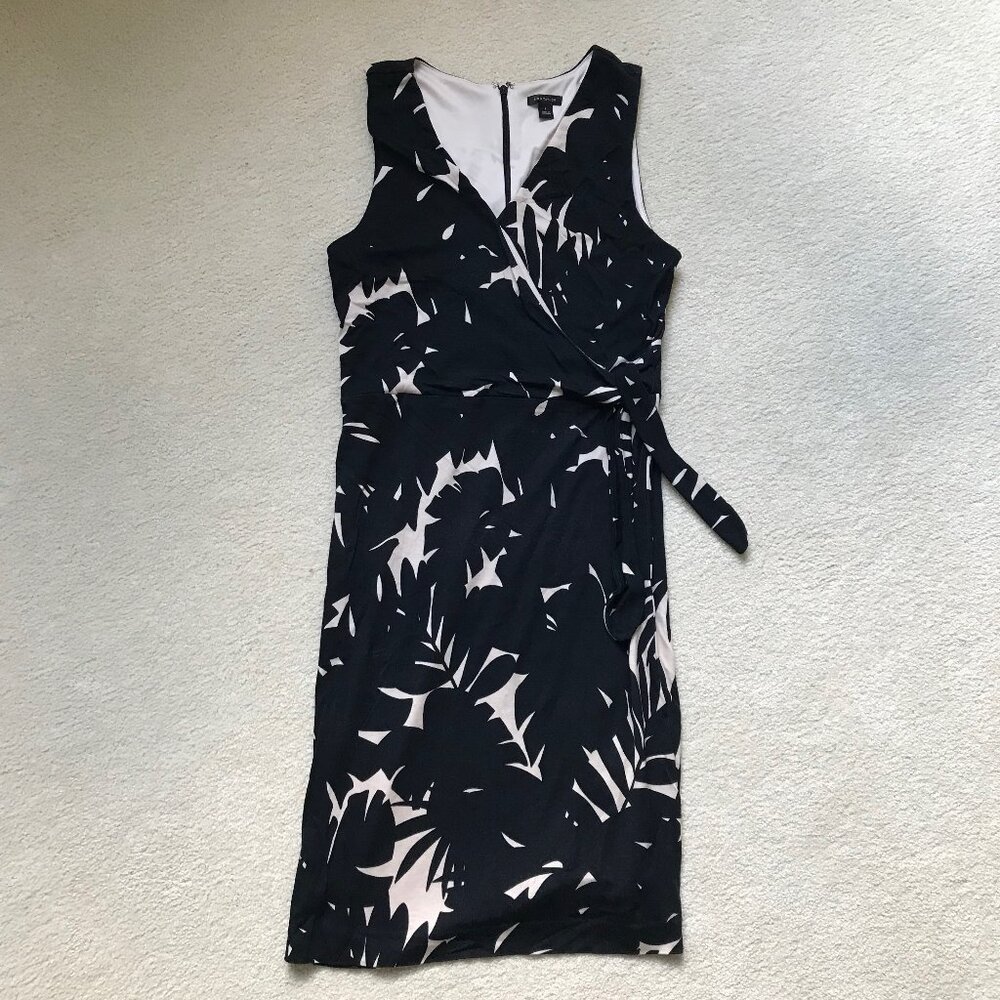 Ann Taylor Black/Creme Leaf Print Faux Wrap Sleeveless Sheath Dress